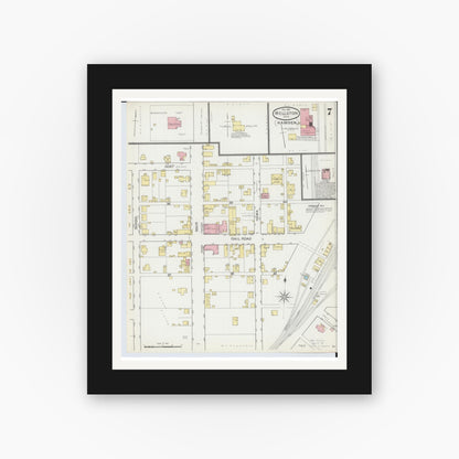 Old map wall art mockup — black gallery frame with white mat — Sanborn Fire Insurance Map from Wellston, Jackson County, Ohio (1892), Sheet #0007