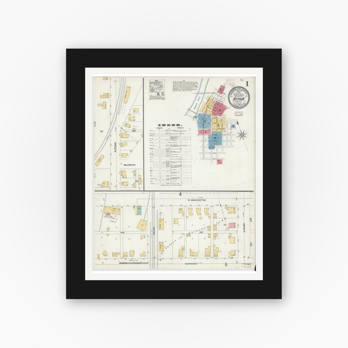 Old map wall art mockup — black gallery frame with white mat — Sanborn Fire Insurance Map from Attica, Fountain County, Indiana (1905), Sheet #0001