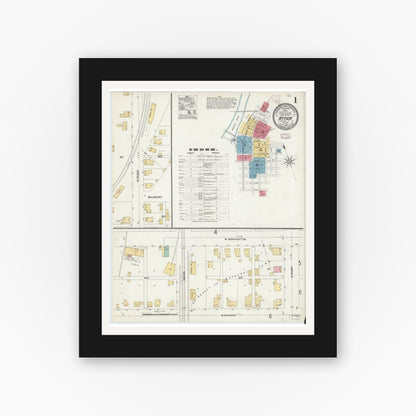 Old map wall art mockup — black gallery frame with white mat — Sanborn Fire Insurance Map from Attica, Fountain County, Indiana (1905), Sheet #0001
