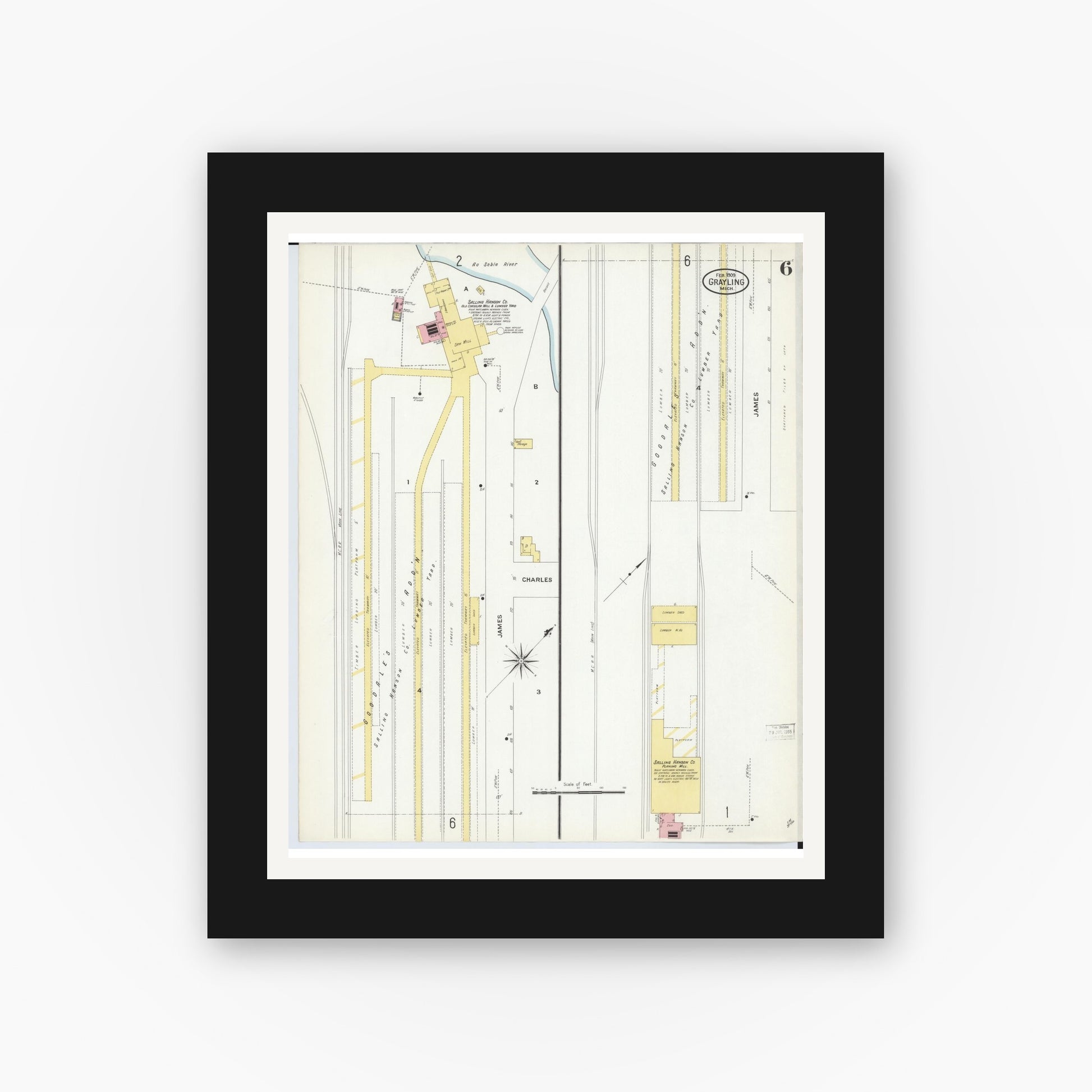 Old map wall art mockup — black gallery frame with white mat — Sanborn Fire Insurance Map from Grayling, Crawford County, Michigan (1909), Sheet #0006