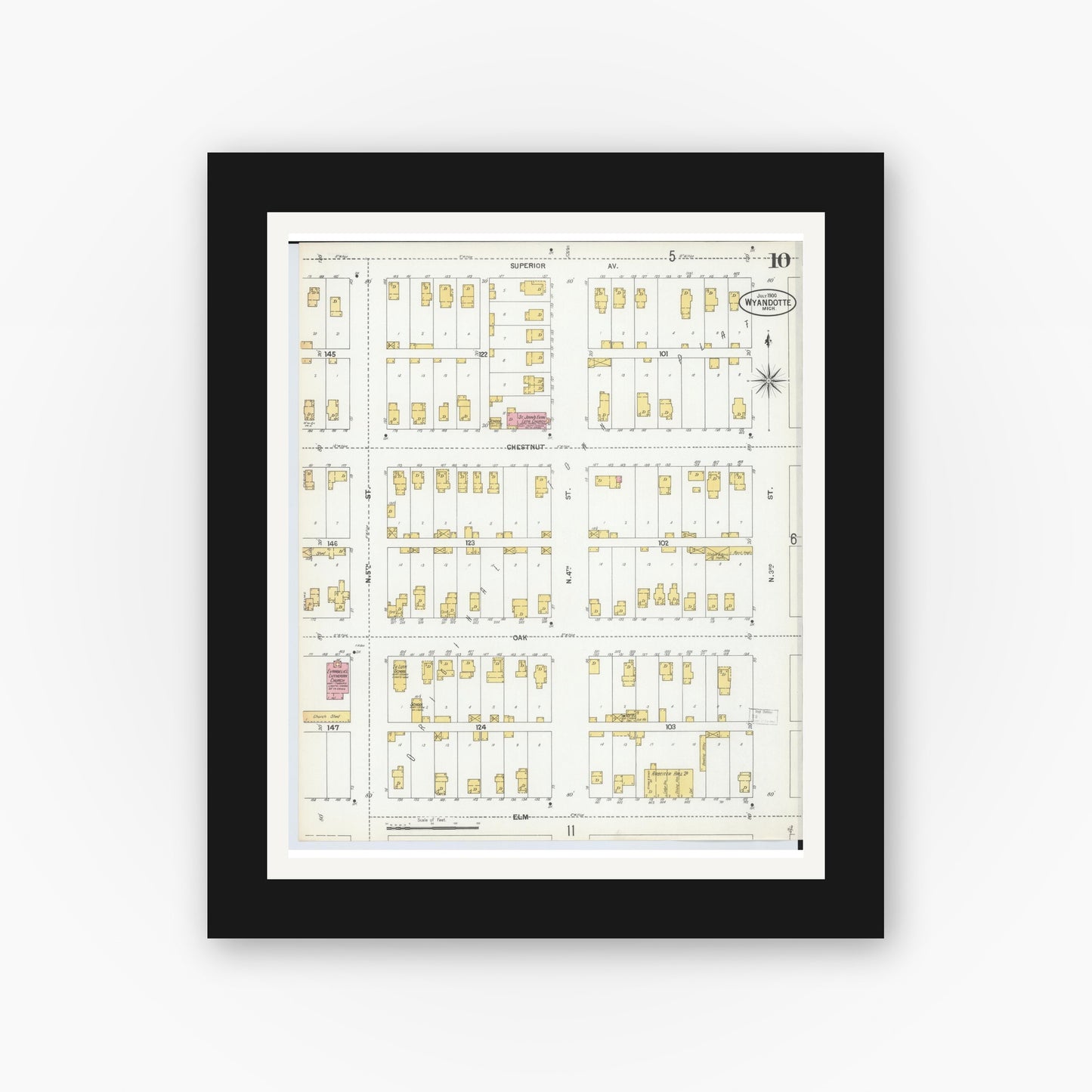 Old map wall art mockup — black gallery frame with white mat — Sanborn Fire Insurance Map from Wyandotte, Wayne County, Michigan (1900), Sheet #0010