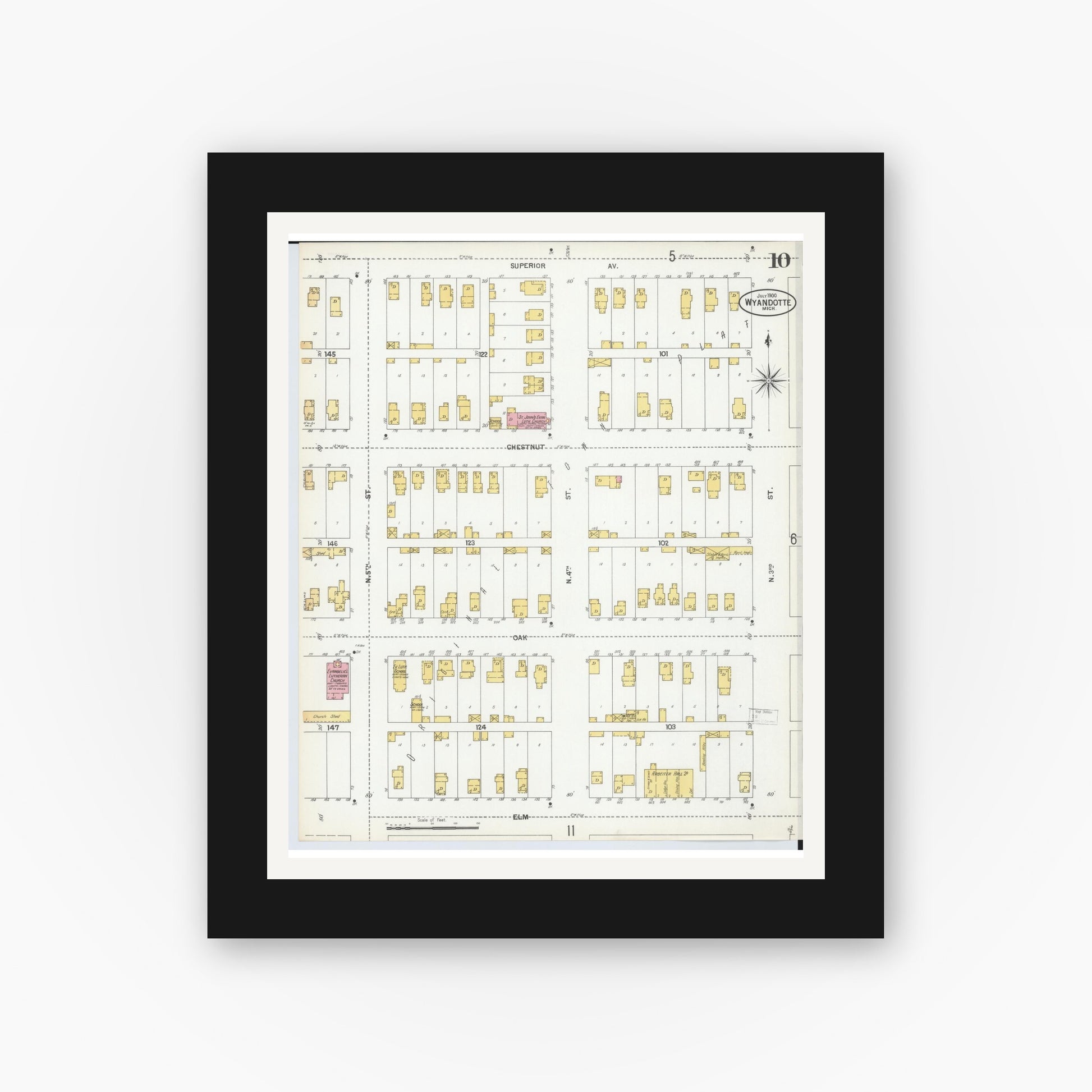 Old map wall art mockup — black gallery frame with white mat — Sanborn Fire Insurance Map from Wyandotte, Wayne County, Michigan (1900), Sheet #0010
