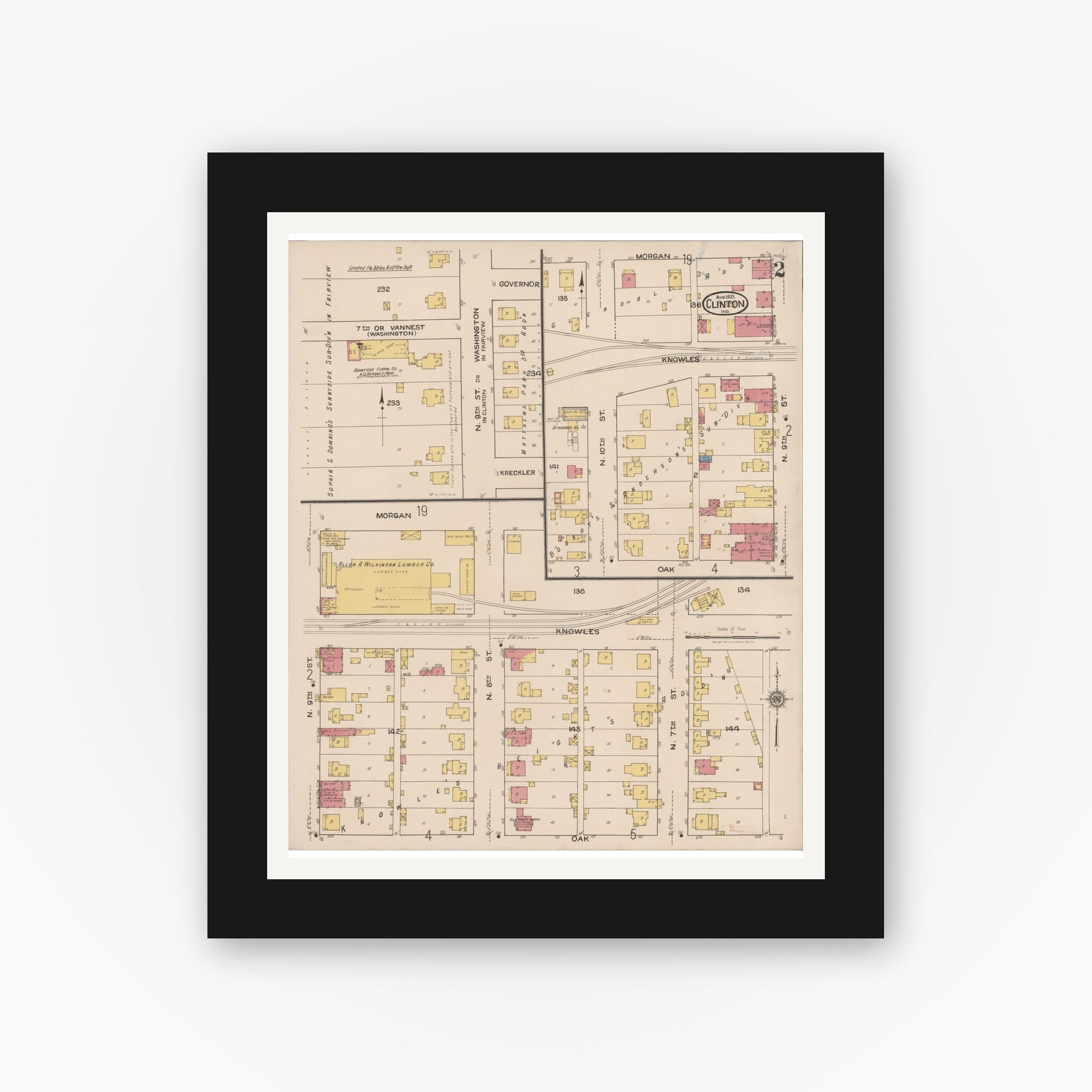 Old map wall art mockup — black gallery frame with white mat — Sanborn Fire Insurance Map from Clinton, Vermillion County, Indiana (1921), Sheet #0002