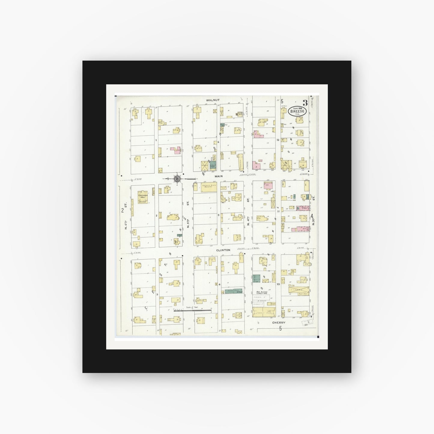 Old map wall art mockup — black gallery frame with white mat — Sanborn Fire Insurance Map from Breese, Clinton County, Illinois (1909), Sheet #0003
