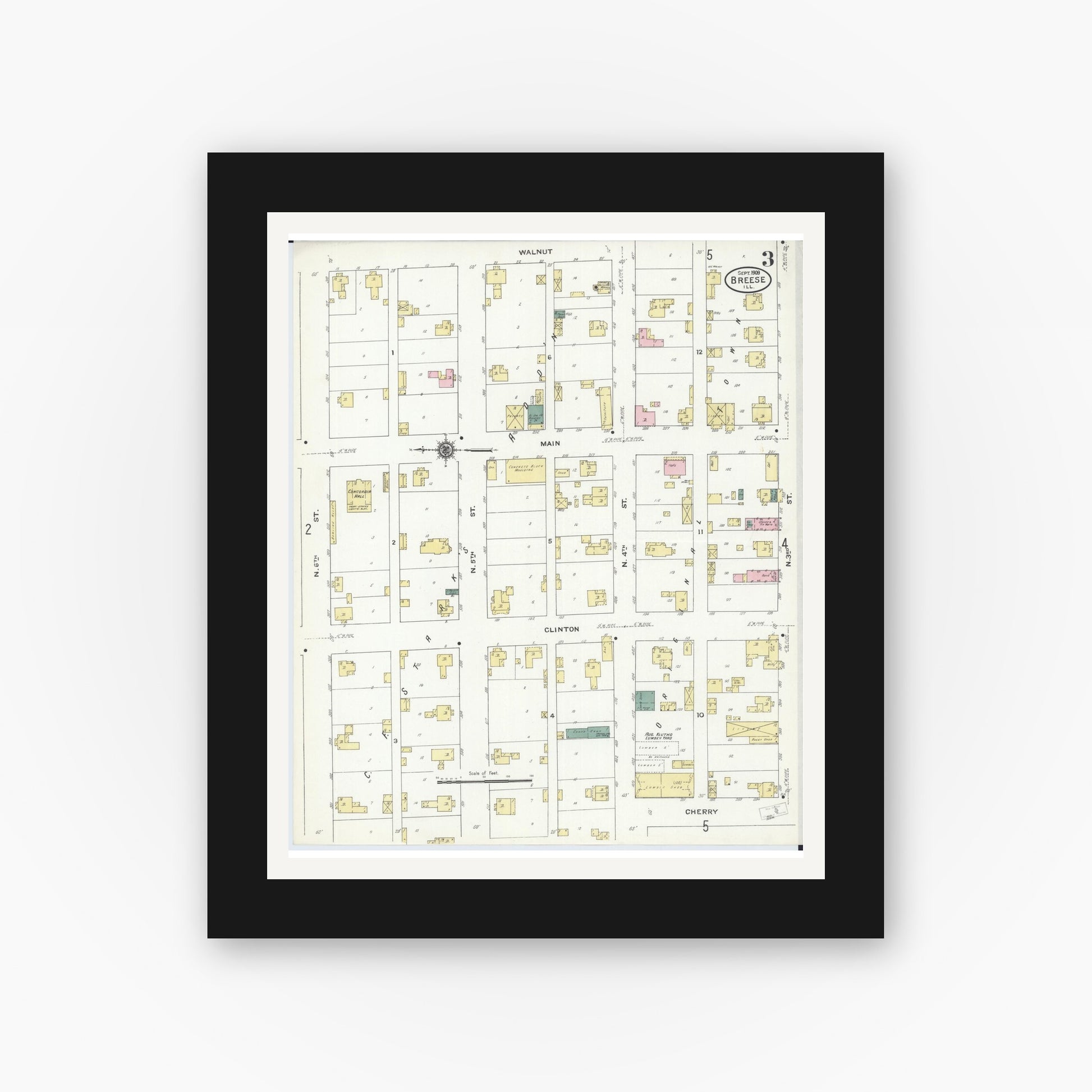 Old map wall art mockup — black gallery frame with white mat — Sanborn Fire Insurance Map from Breese, Clinton County, Illinois (1909), Sheet #0003