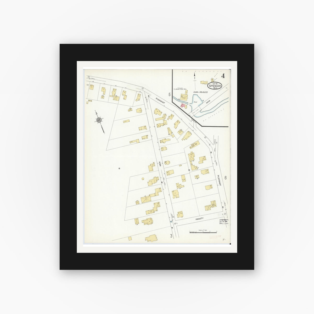 Old map wall art mockup — black gallery frame with white mat — Sanborn Fire Insurance Map from Spencer, Worcester County, Massachusetts (1912), Sheet #0004