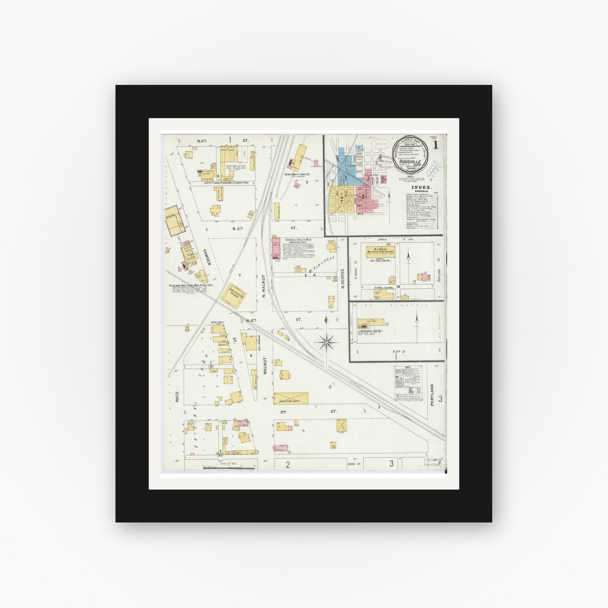 Old map wall art mockup — black gallery frame with white mat — Sanborn Fire Insurance Map from Ridgeville, Randolph County, Indiana (1899) - Complete Map Set