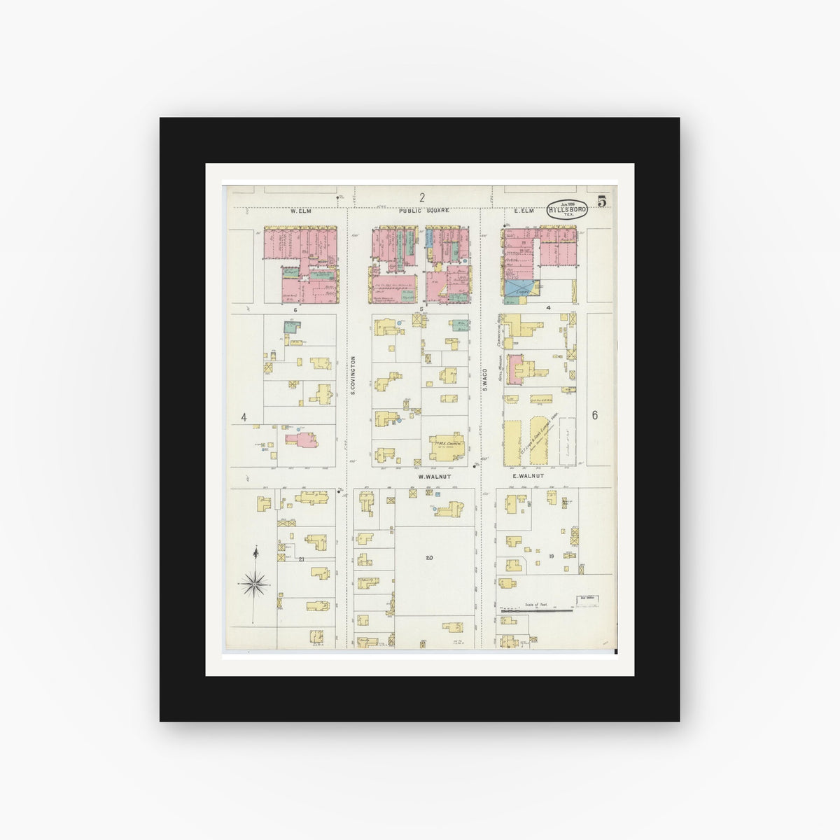 Old map wall art mockup — black gallery frame with white mat — Sanborn Fire Insurance Map from Hillsboro, Hill County, Texas (1896), Sheet #0005