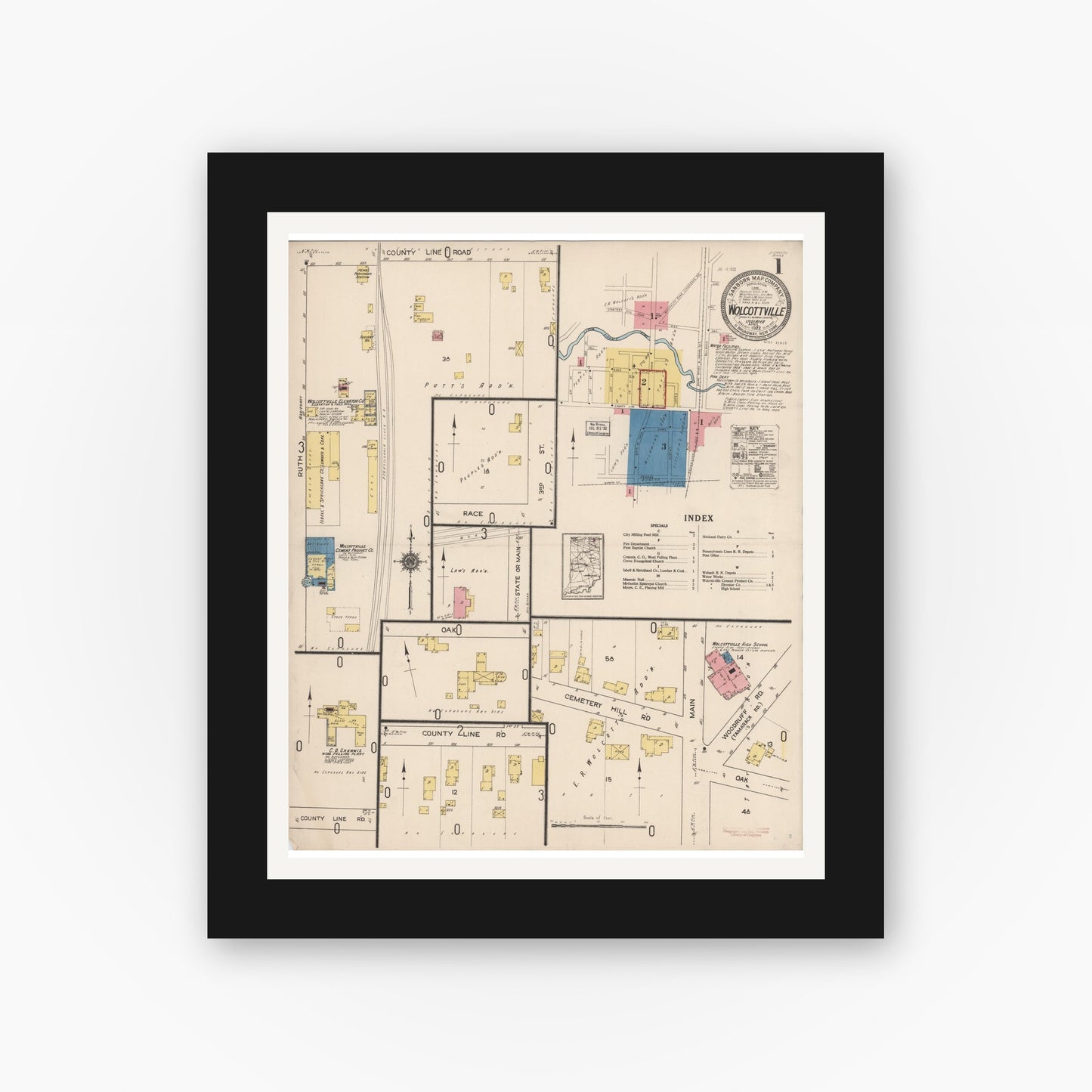 Old map wall art mockup — black gallery frame with white mat — Sanborn Fire Insurance Map from Wolcottville, Noble And LaGrange Counties, Indiana (1922), Sheet #0001