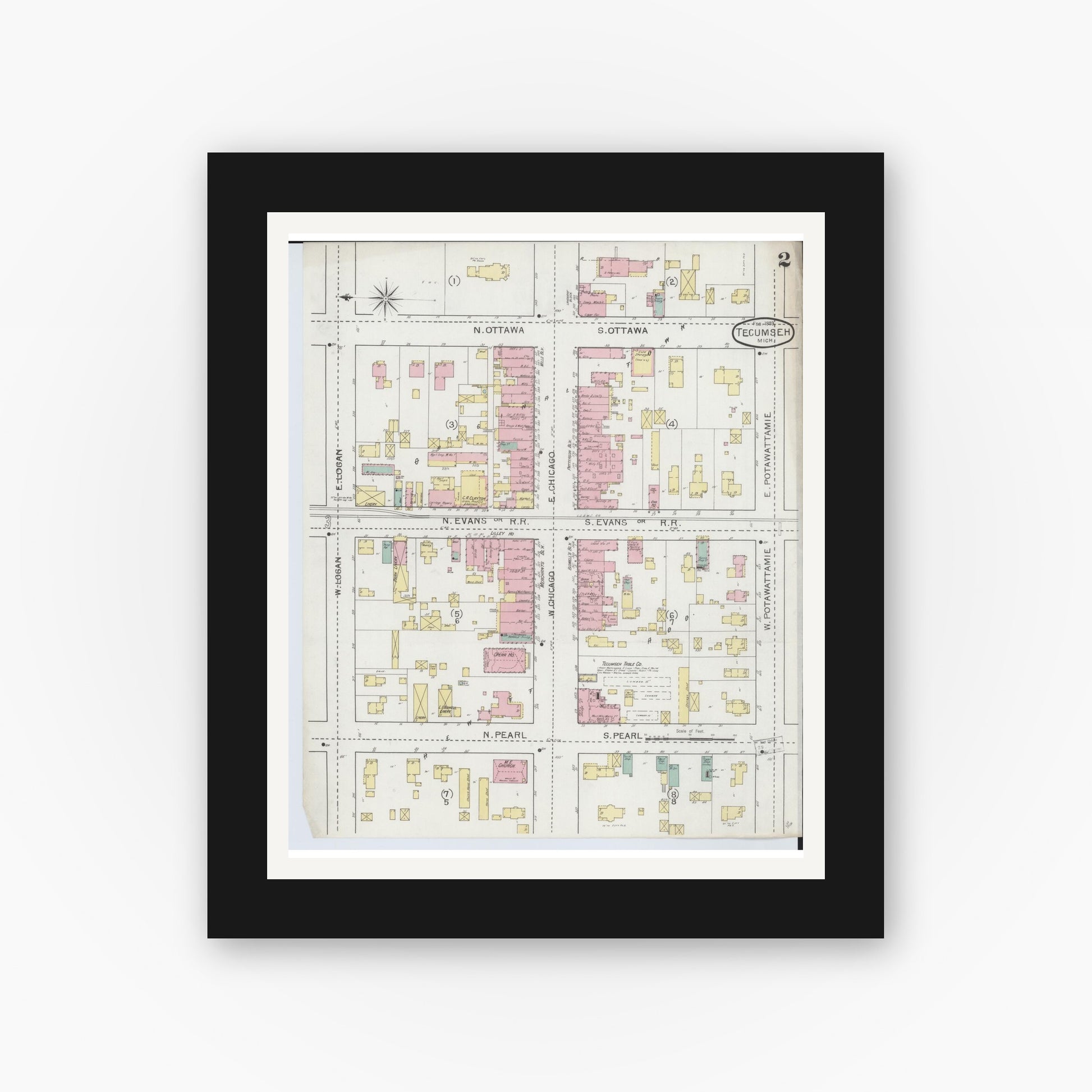 Old map wall art mockup — black gallery frame with white mat — Sanborn Fire Insurance Map from Tecumseh, Lenawee County, Michigan (1893), Sheet #0002