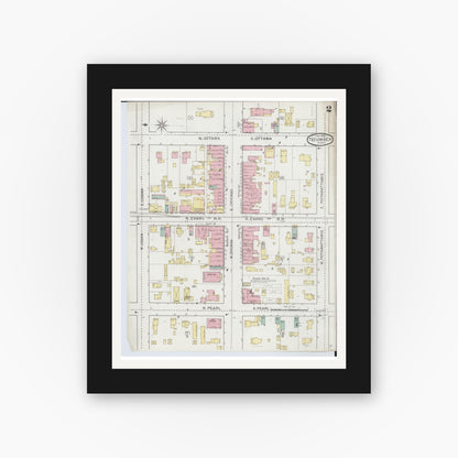 Old map wall art mockup — black gallery frame with white mat — Sanborn Fire Insurance Map from Tecumseh, Lenawee County, Michigan (1893), Sheet #0002