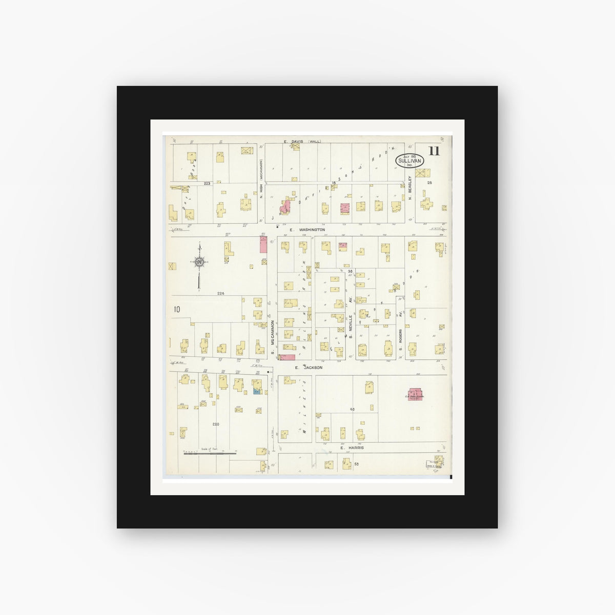 Old map wall art mockup — black gallery frame with white mat — Sanborn Fire Insurance Map from Sullivan, Sullivan County, Indiana (1913), Sheet #0011