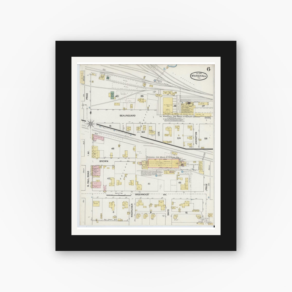 Old map wall art mockup — black gallery frame with white mat — Sanborn Fire Insurance Map from Marshall, Harrison County, Texas (1889), Sheet #0006