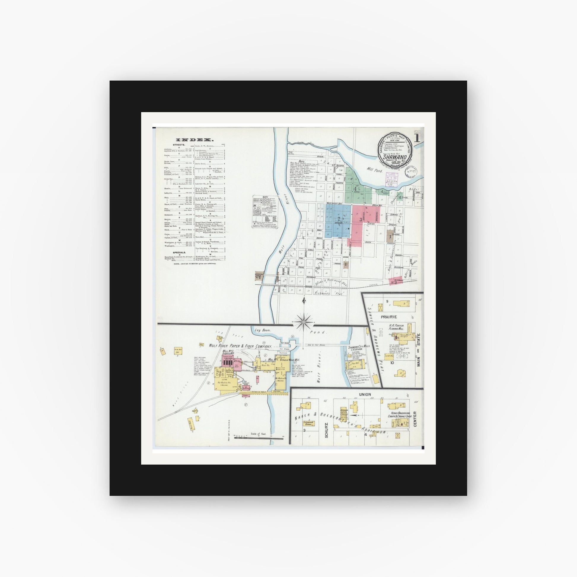 Old map wall art mockup — black gallery frame with white mat — Sanborn Fire Insurance Map from Shawano, Shawano County, Wisconsin (1901) - Complete Map Set