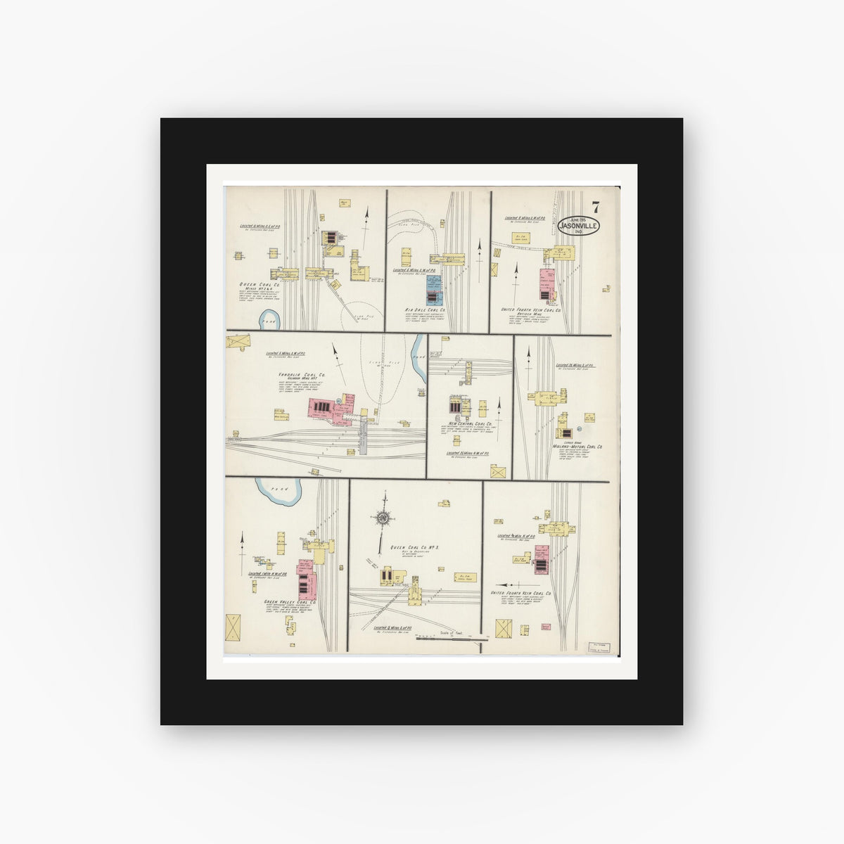 Old map wall art mockup — black gallery frame with white mat — Sanborn Fire Insurance Map from Jasonville, Greene County, Indiana (1915), Sheet #0007
