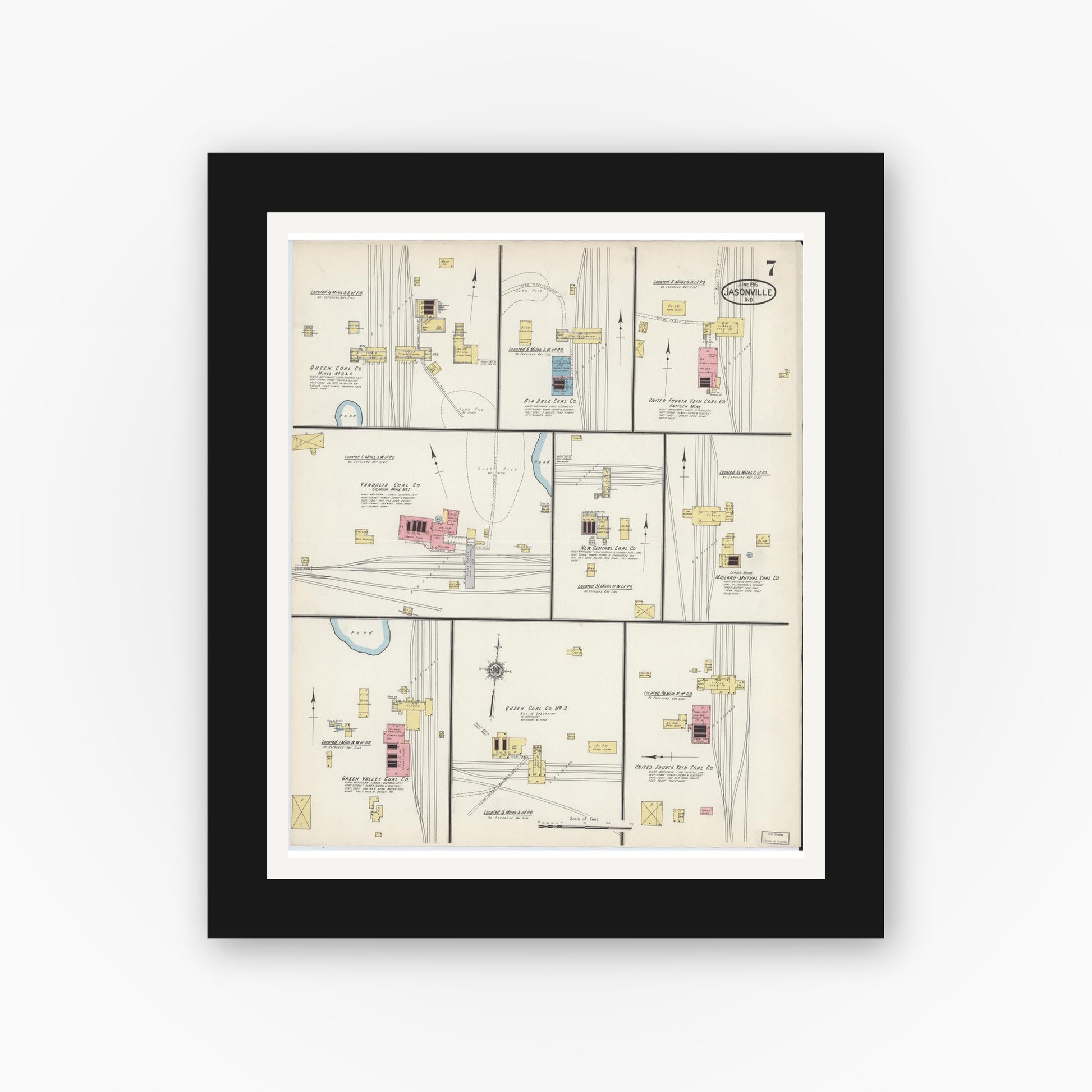 Old map wall art mockup — black gallery frame with white mat — Sanborn Fire Insurance Map from Jasonville, Greene County, Indiana (1915), Sheet #0007