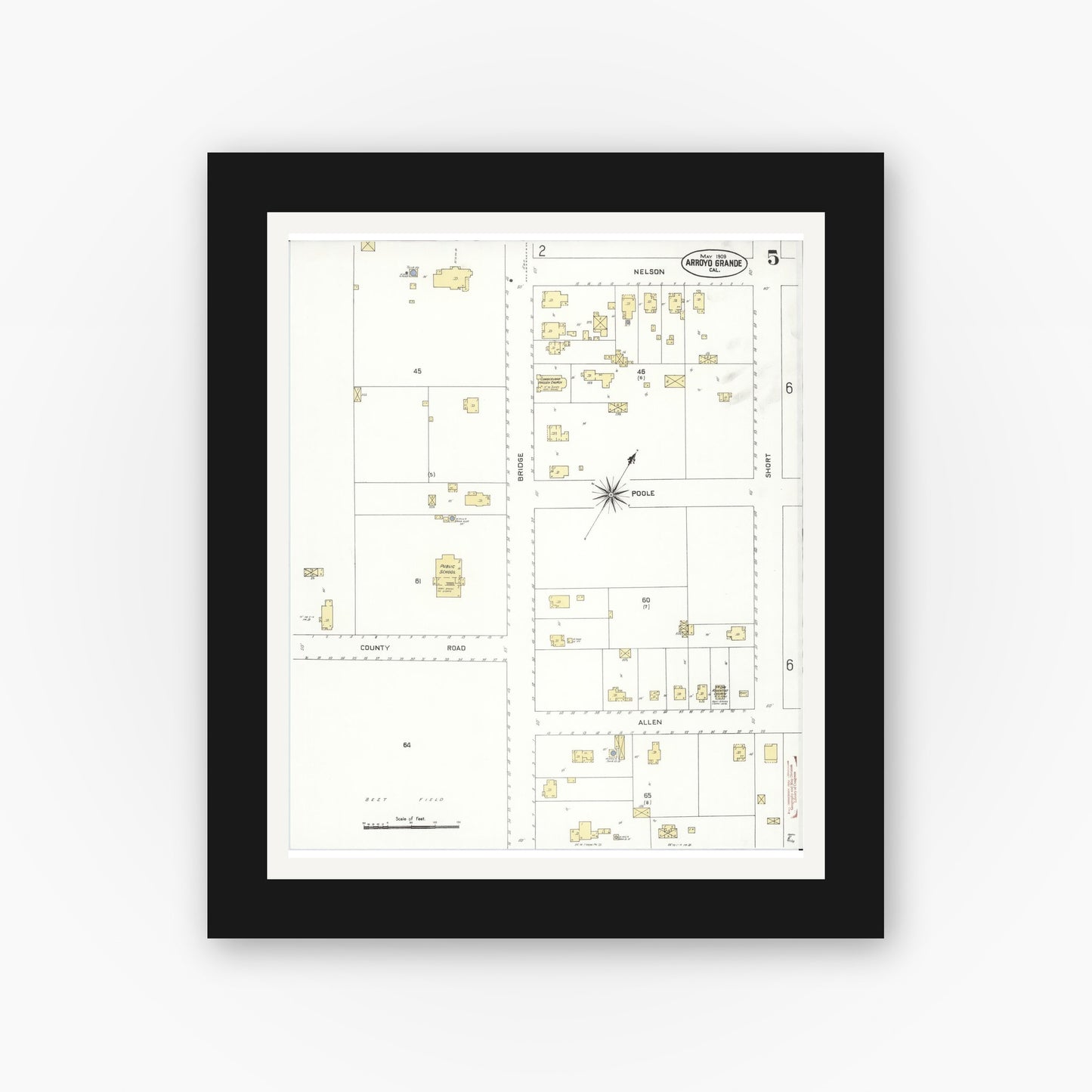 Old map wall art mockup — black gallery frame with white mat — Sanborn Fire Insurance Map from Arroyo Grande, San Luis Obispo County, California (1909), Sheet #0005