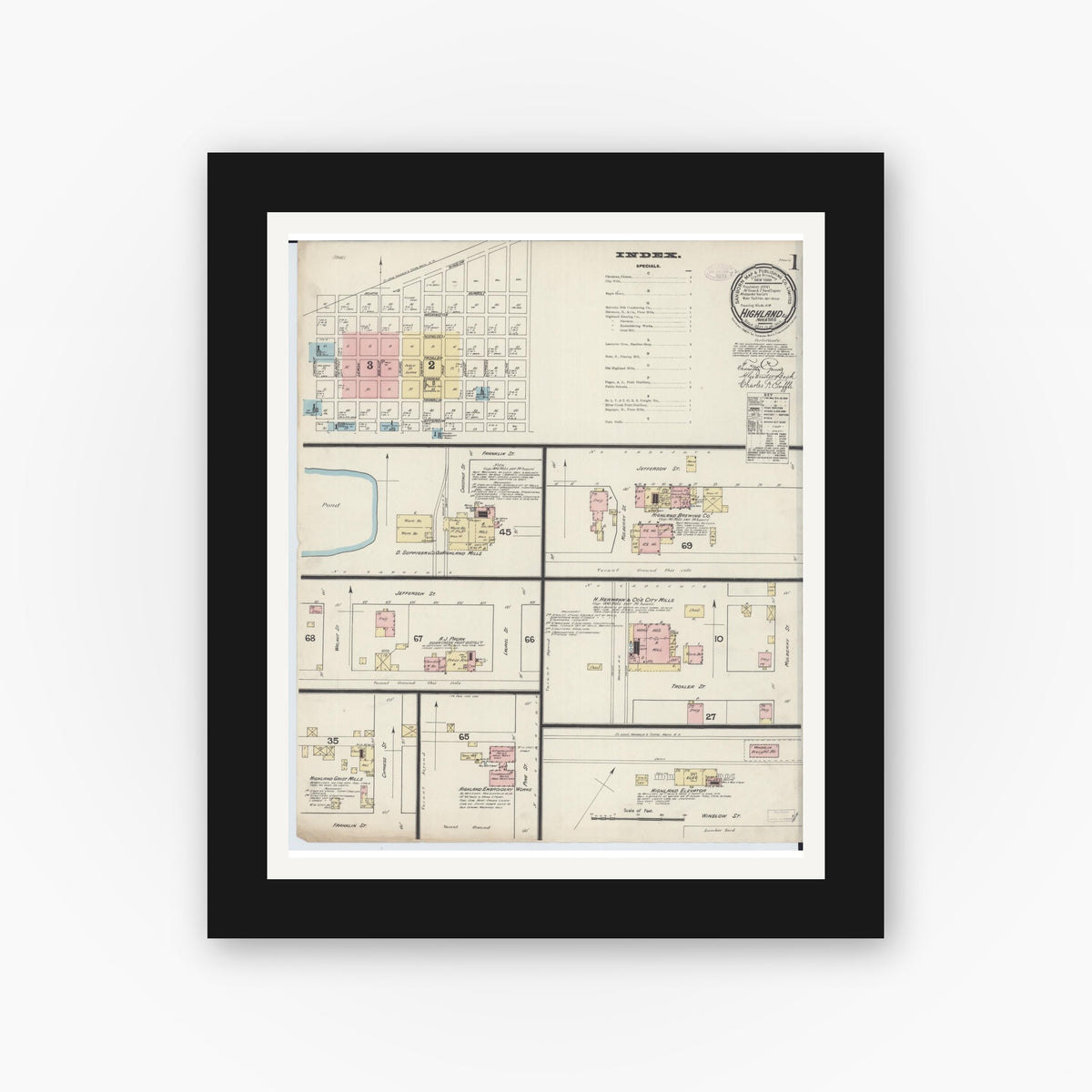Old map wall art mockup — black gallery frame with white mat — Sanborn Fire Insurance Map from Highland, Madison County, Illinois (1888), Sheet #0001