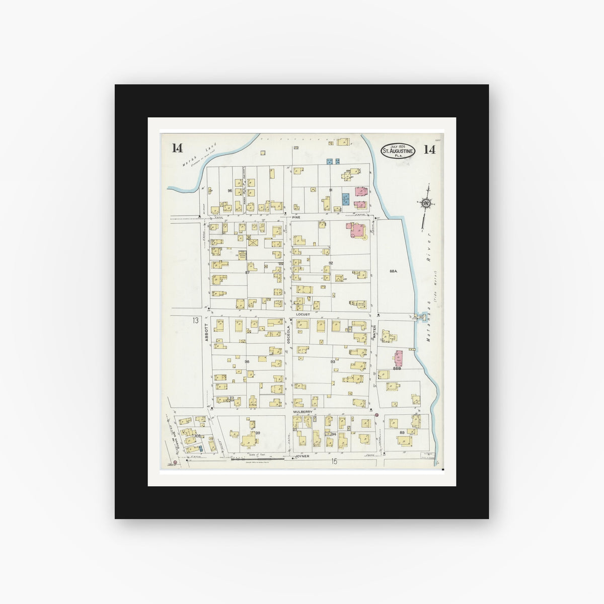 Old map wall art mockup — black gallery frame with white mat — Sanborn Fire Insurance Map from Saint Augustine, Saint John's County, Florida (1924), Sheet #0014