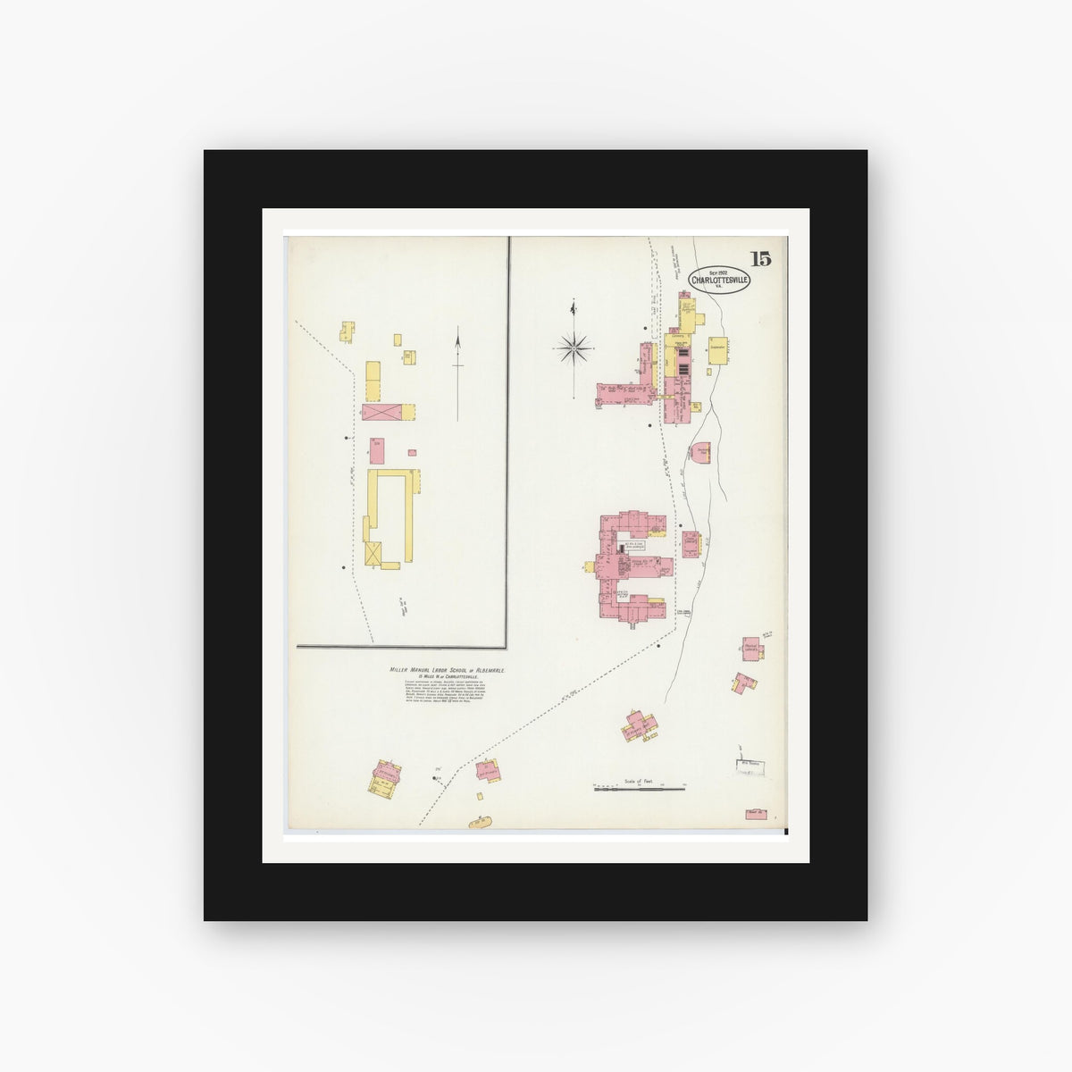 Old map wall art mockup — black gallery frame with white mat — Sanborn Fire Insurance Map from Charlottesville, Independent Cities, Virginia (1902), Sheet #0015