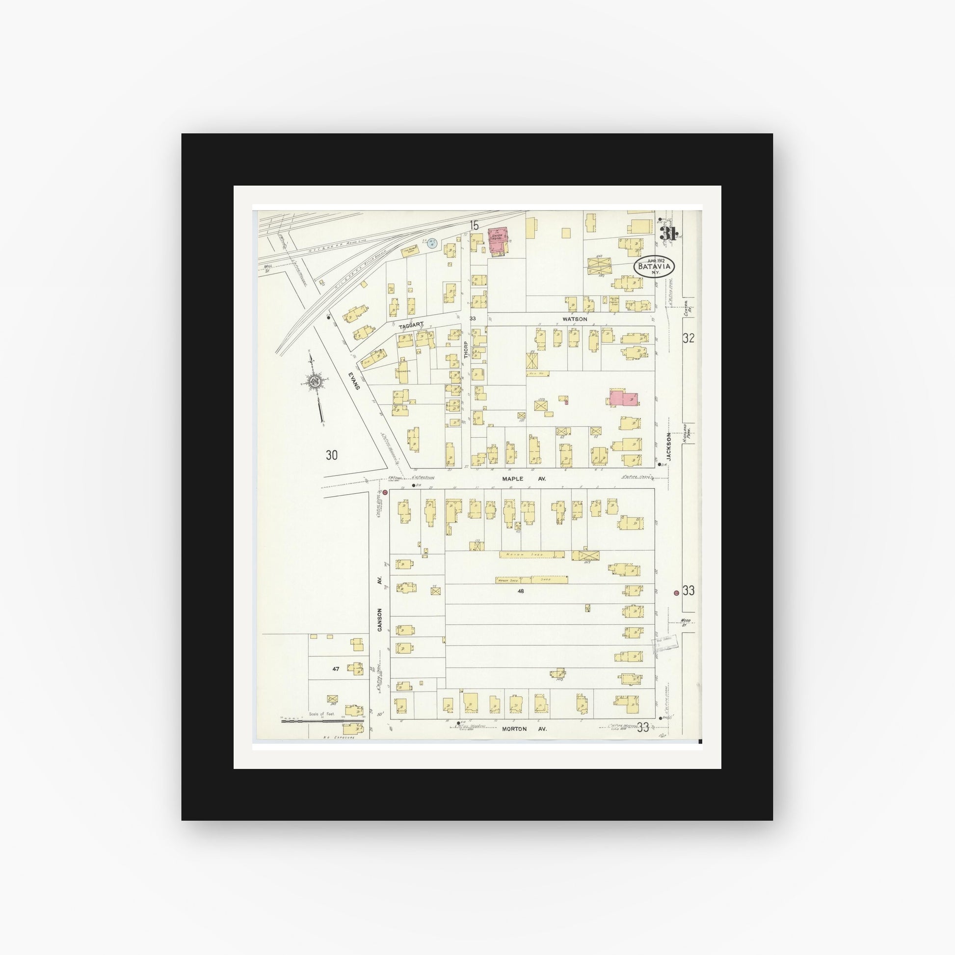 Old map wall art mockup — black gallery frame with white mat — Sanborn Fire Insurance Map from Batavia, Genesee County, New York (1912), Sheet #0031