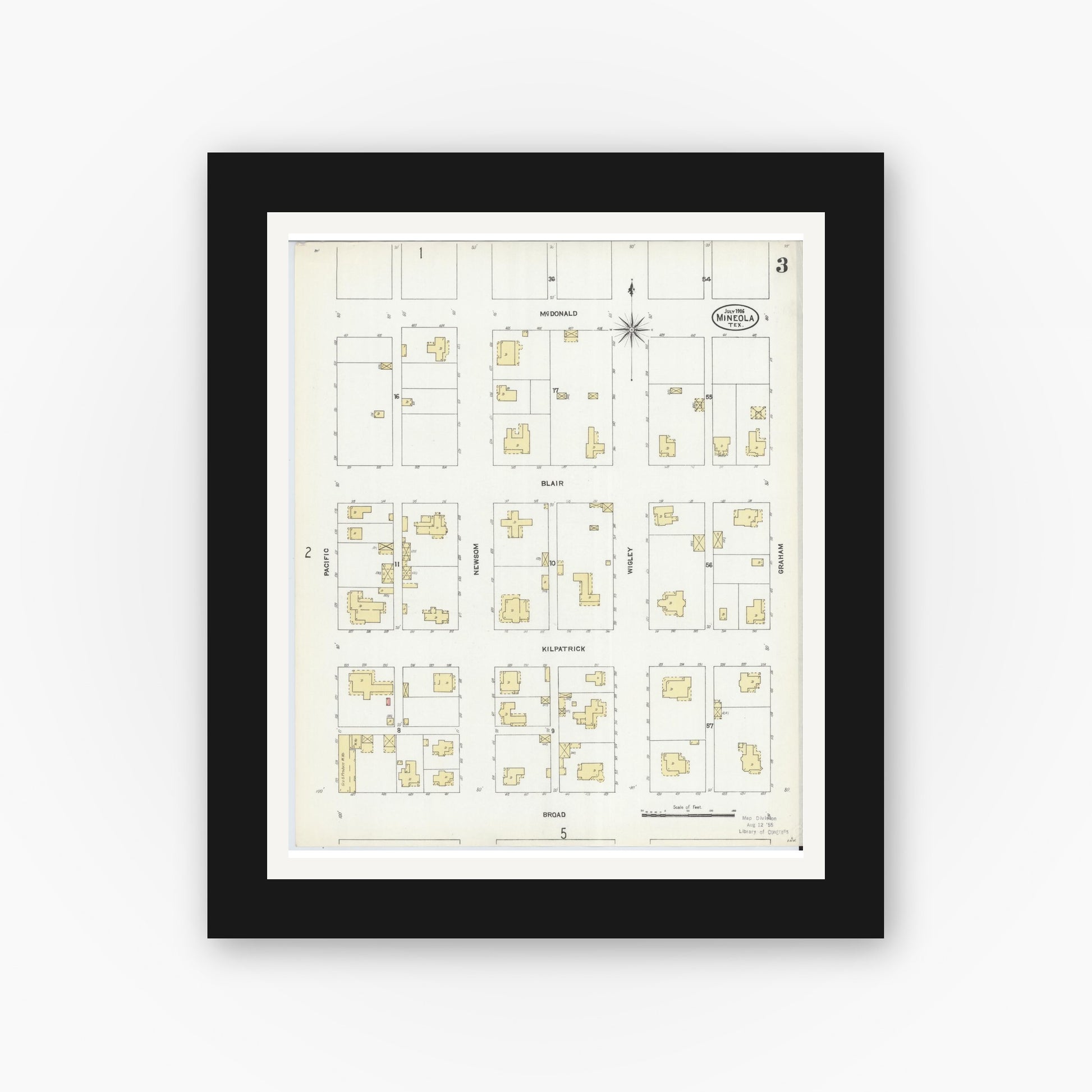 Old map wall art mockup — black gallery frame with white mat — Sanborn Fire Insurance Map from Mineola, Wood County, Texas (1906), Sheet #0003