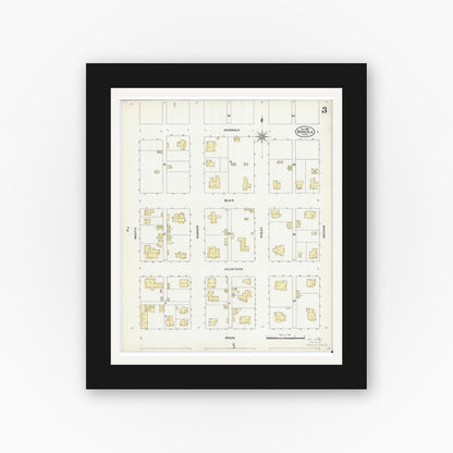 Old map wall art mockup — black gallery frame with white mat — Sanborn Fire Insurance Map from Mineola, Wood County, Texas (1906), Sheet #0003
