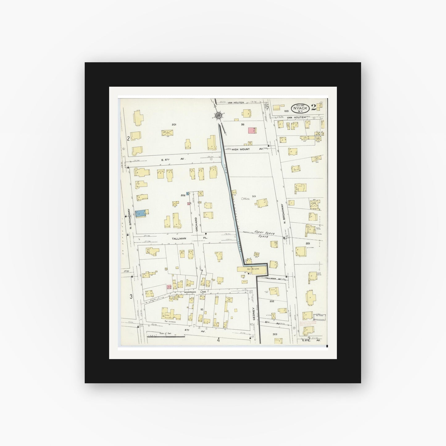Old map wall art mockup — black gallery frame with white mat — Sanborn Fire Insurance Map from Nyack, Rockland County, New York. (1910), Sheet #0002
