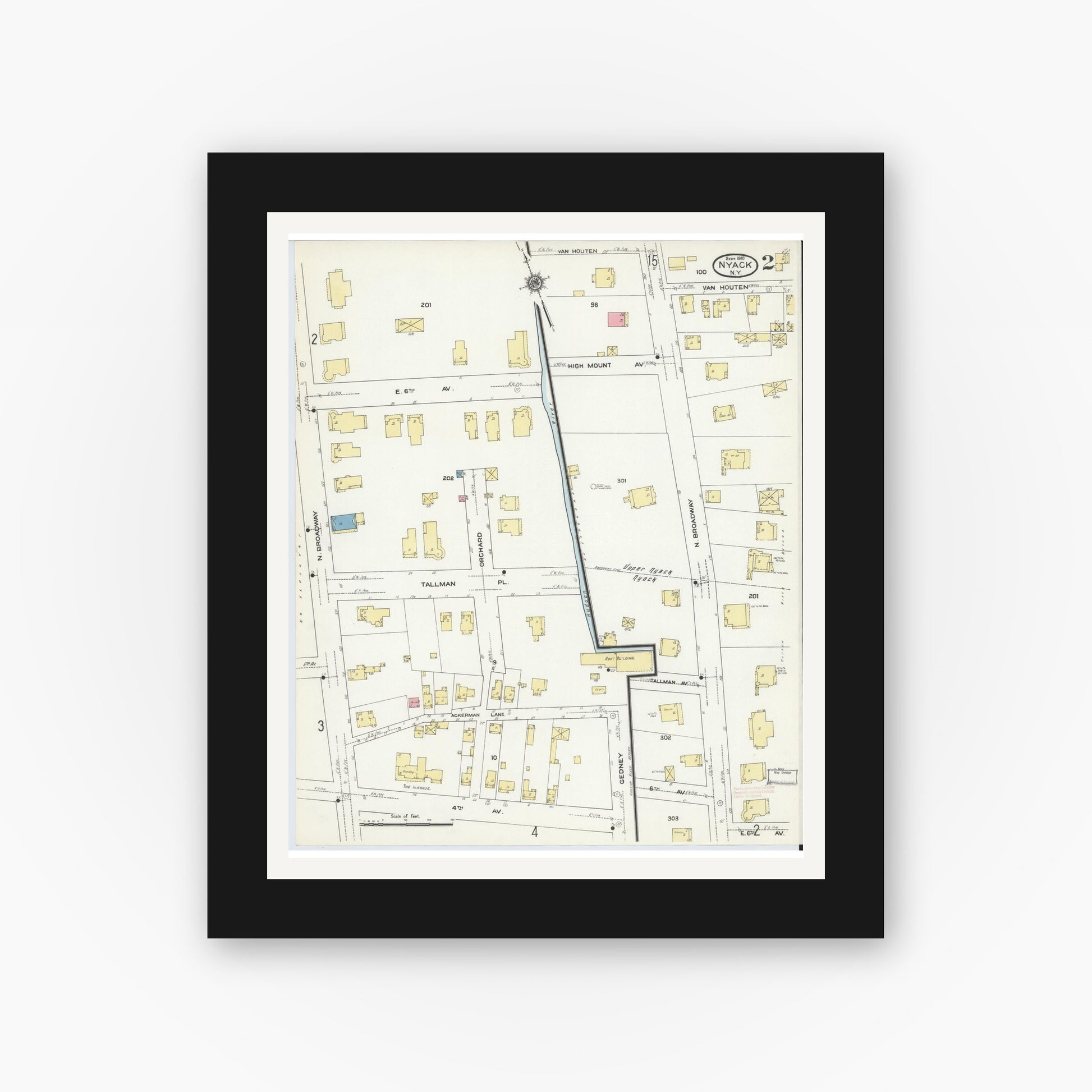 Old map wall art mockup — black gallery frame with white mat — Sanborn Fire Insurance Map from Nyack, Rockland County, New York. (1910), Sheet #0002