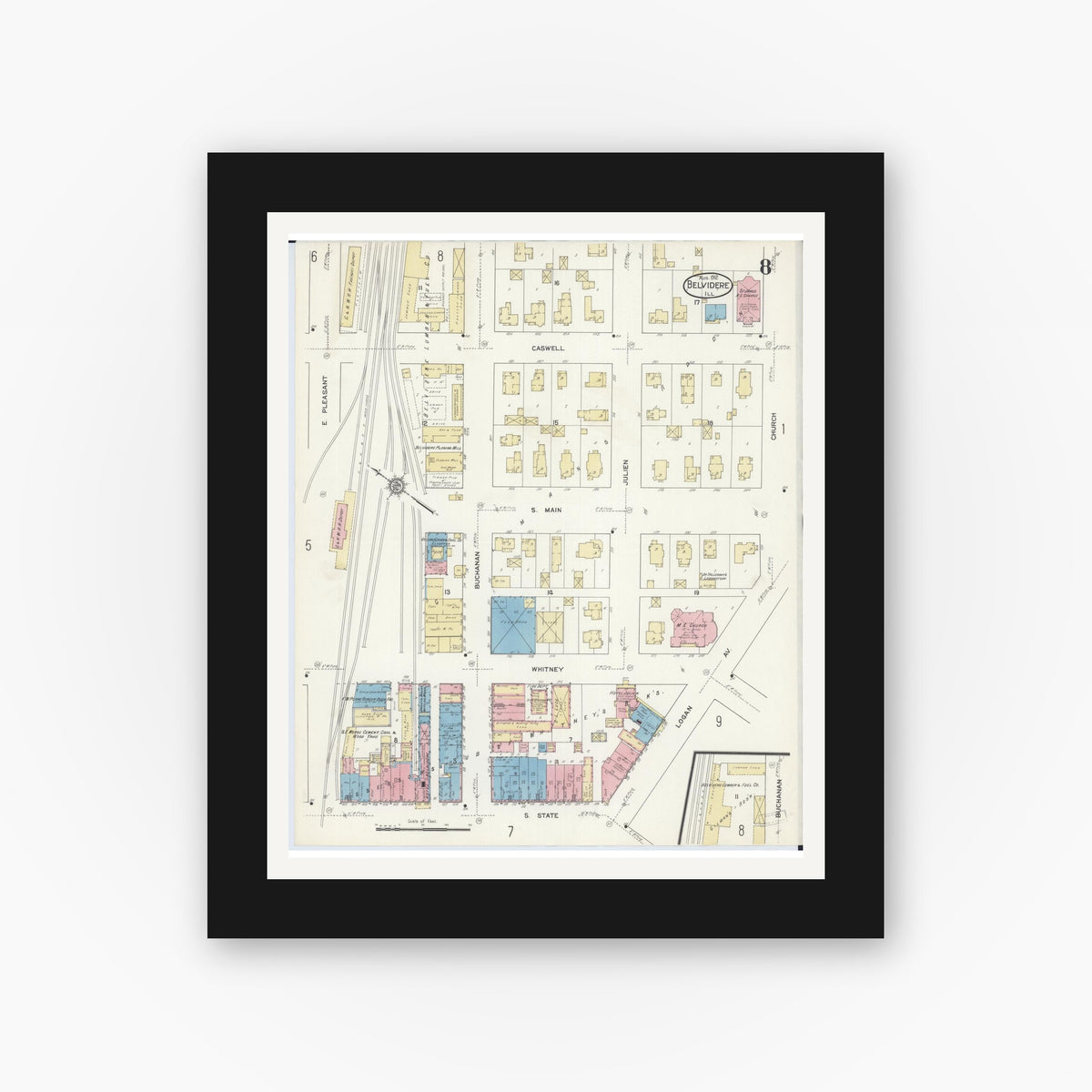 Old map wall art mockup — black gallery frame with white mat — Sanborn Fire Insurance Map from Belvidere, Boone County, Illinois (1912), Sheet #0008