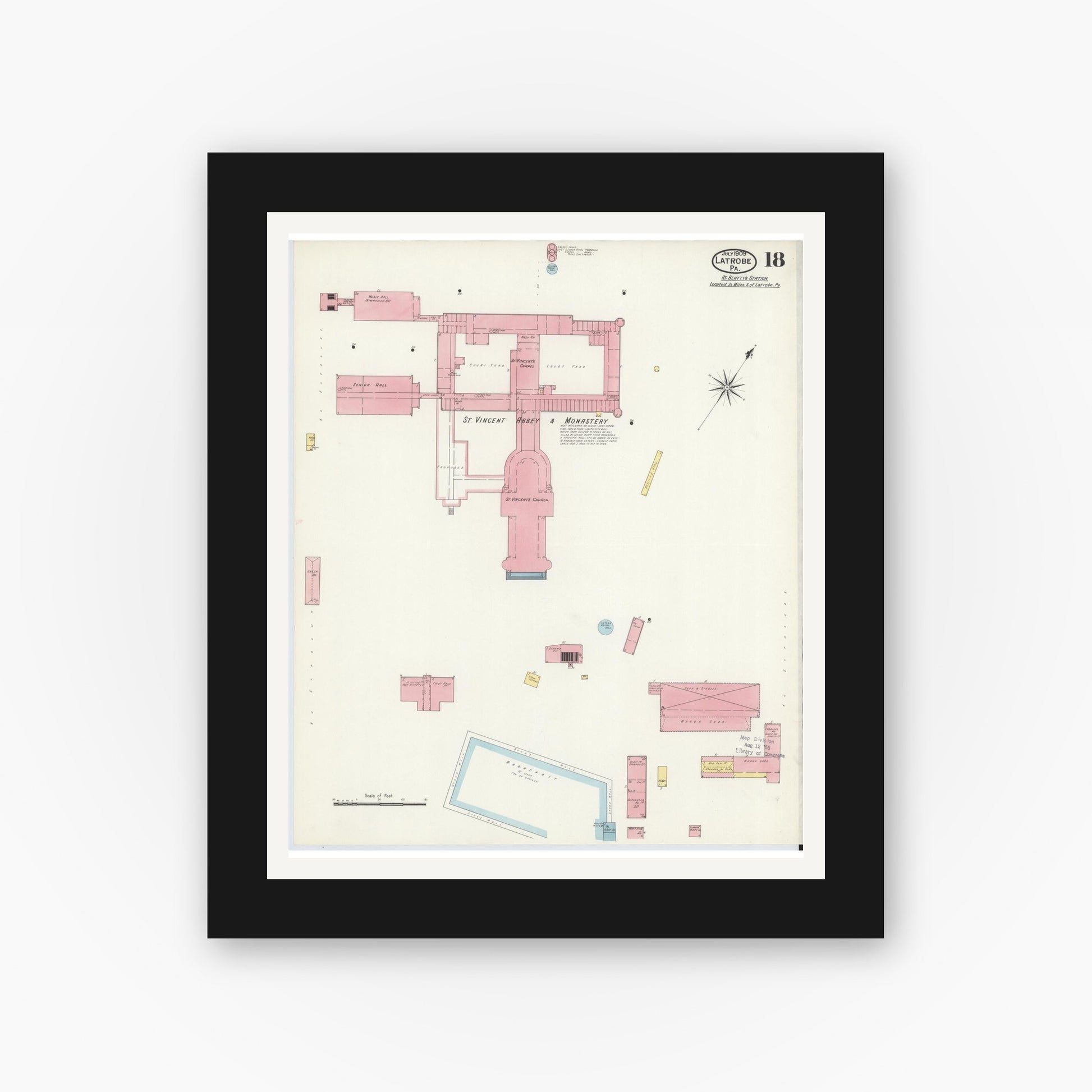 Old map wall art mockup — black gallery frame with white mat — Sanborn Fire Insurance Map from Latrobe, Westmoreland County, Pennsylvania (1909), Sheet #0018