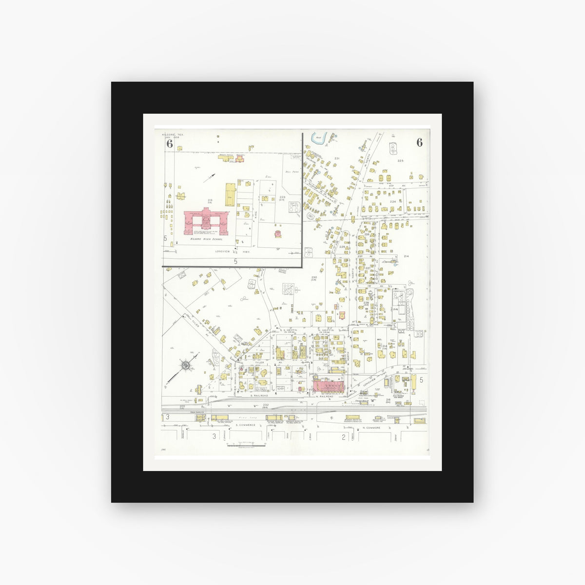 Old map wall art mockup — black gallery frame with white mat — Sanborn Fire Insurance Map from Kilgore, Gregg County, Texas (1936), Sheet #0006