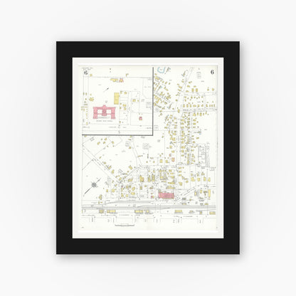 Old map wall art mockup — black gallery frame with white mat — Sanborn Fire Insurance Map from Kilgore, Gregg County, Texas (1936), Sheet #0006