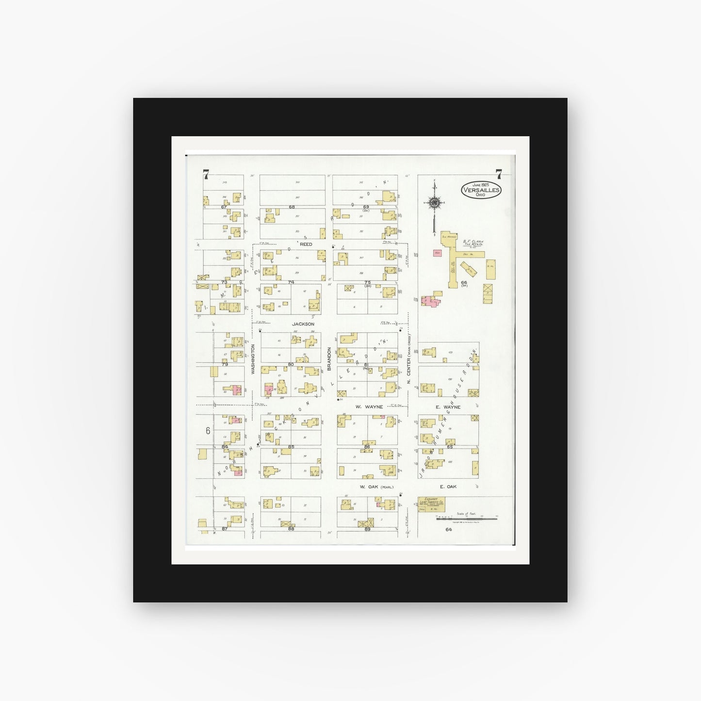 Old map wall art mockup — black gallery frame with white mat — Sanborn Fire Insurance Map from Versailles, Darke County, Ohio (1925), Sheet #0007