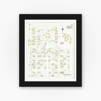 Old map wall art mockup — black gallery frame with white mat — Sanborn Fire Insurance Map from Versailles, Darke County, Ohio (1925), Sheet #0007