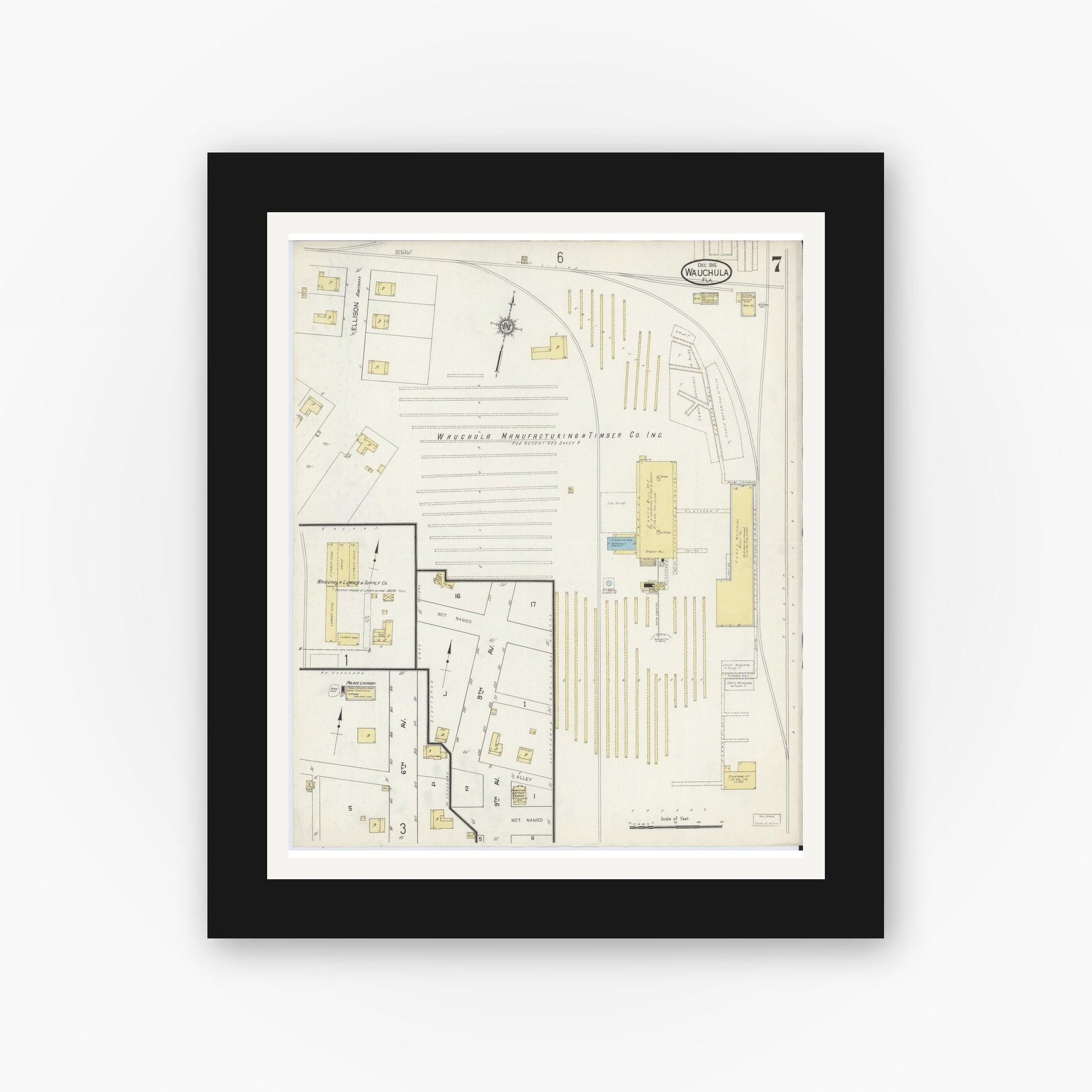 Old map wall art mockup — black gallery frame with white mat — Sanborn Fire Insurance Map from Wauchula, Hardee County, Florida (1914), Sheet #0007