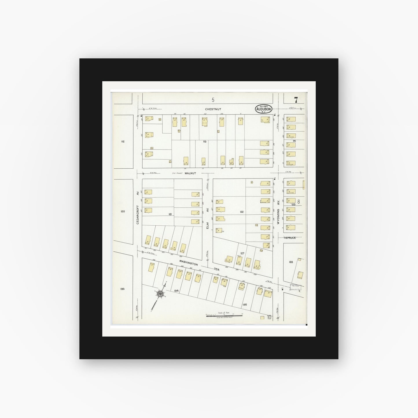 Old map wall art mockup — black gallery frame with white mat — Sanborn Fire Insurance Map from Audubon, Camden County, New Jersey (1920), Sheet #0007