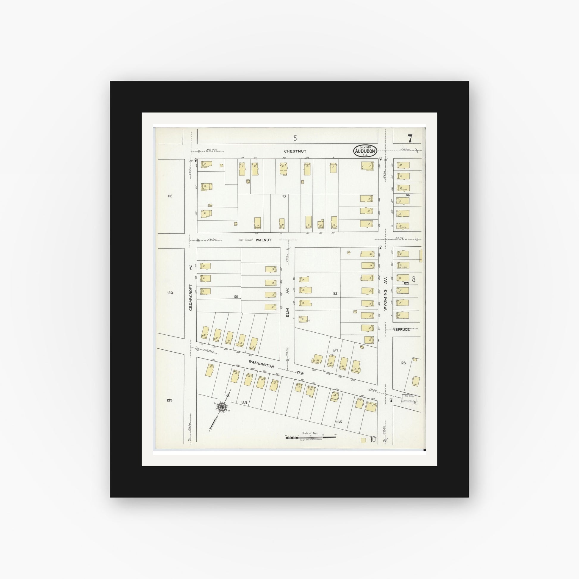 Old map wall art mockup — black gallery frame with white mat — Sanborn Fire Insurance Map from Audubon, Camden County, New Jersey (1920), Sheet #0007