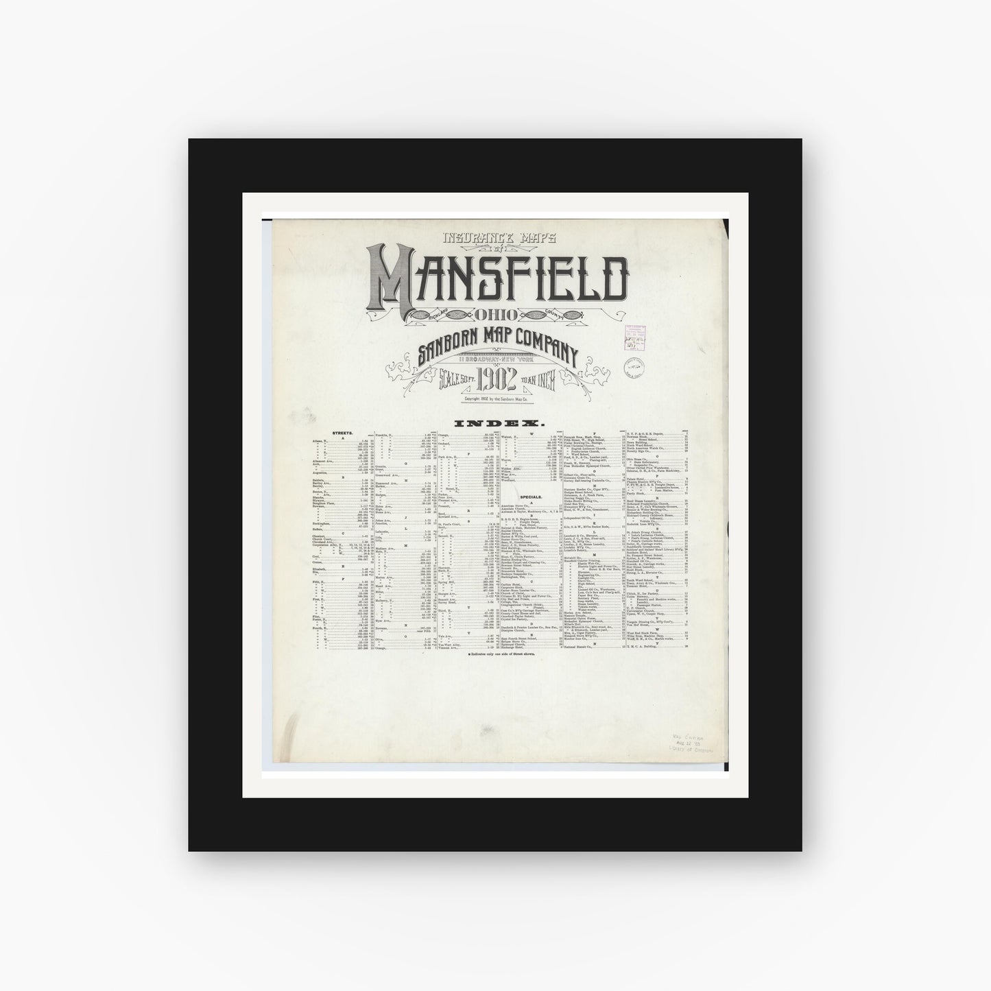 Old map wall art mockup — black gallery frame with white mat — Sanborn Fire Insurance Map from Mansfield, Richland County, Ohio (1902), Sheet #0001