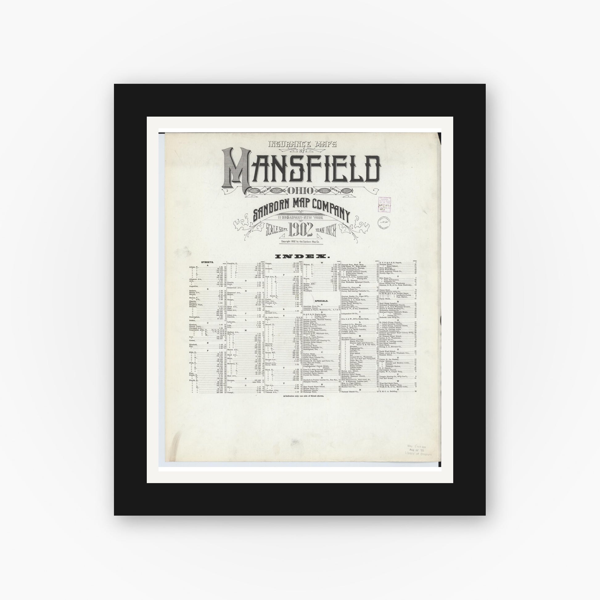 Old map wall art mockup — black gallery frame with white mat — Sanborn Fire Insurance Map from Mansfield, Richland County, Ohio (1902), Sheet #0001