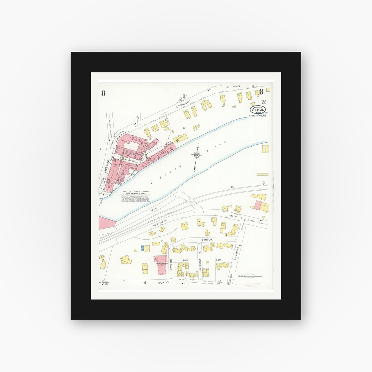 Old map wall art mockup — black gallery frame with white mat — Sanborn Fire Insurance Map from Athol, Worcester County, Massachusetts (1936), Sheet #0008