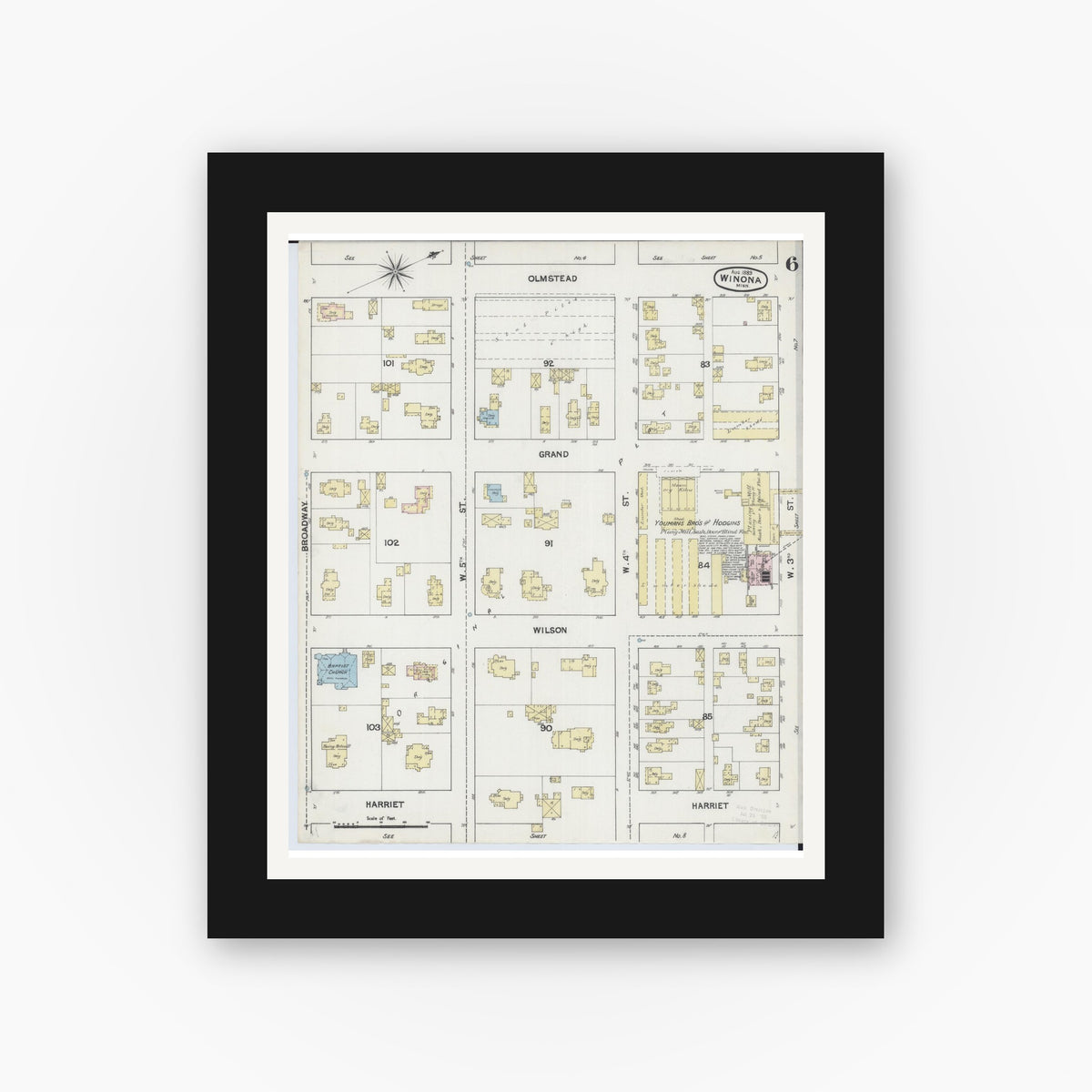 Old map wall art mockup — black gallery frame with white mat — Sanborn Fire Insurance Map from Winona, Winona County, Minnesota (1889), Sheet #0006