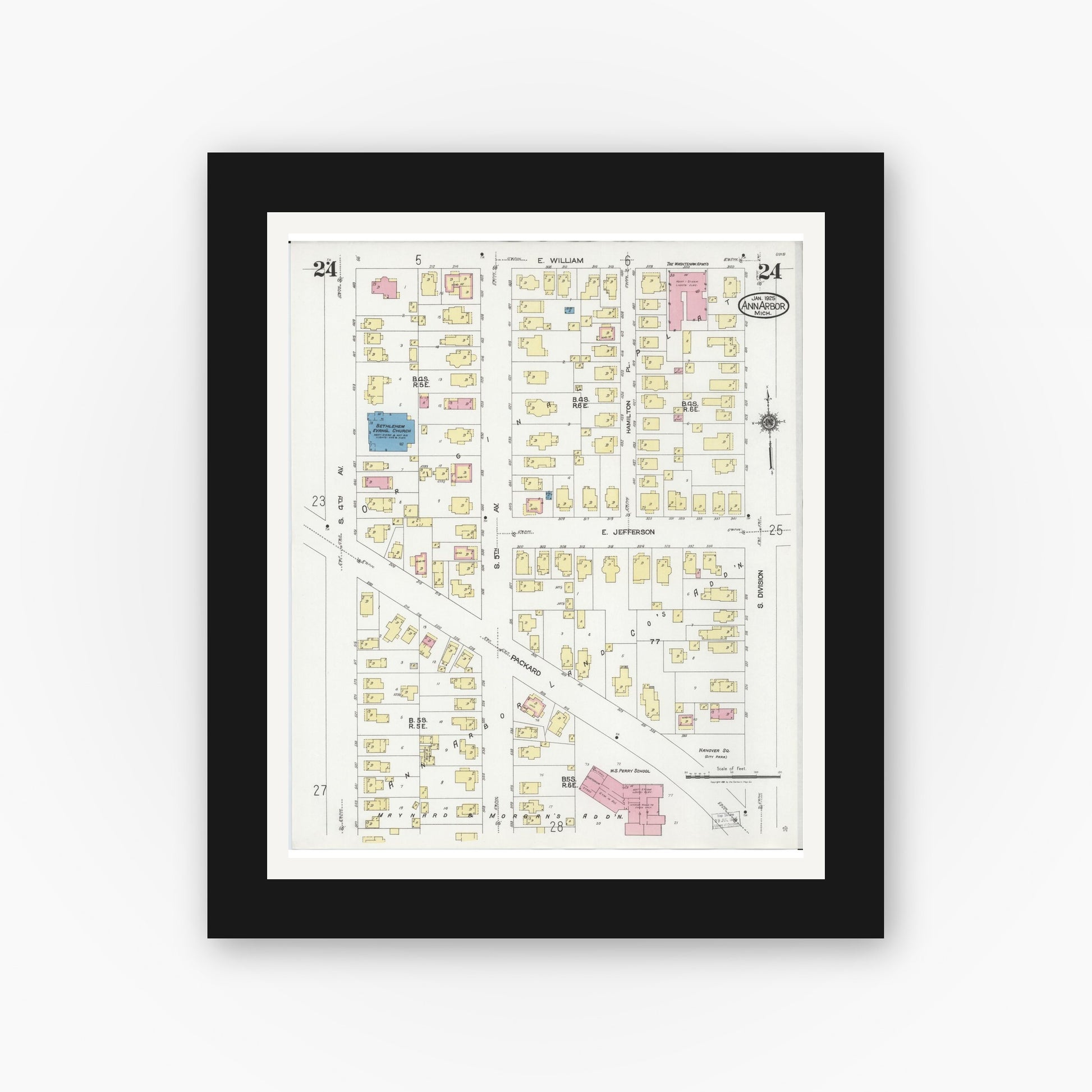 Old map wall art mockup — black gallery frame with white mat — Sanborn Fire Insurance Map from Ann Arbor, Washtenaw County, Michigan (1925), Sheet #0024