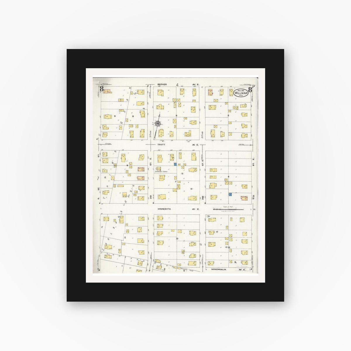 Old map wall art mockup — black gallery frame with white mat — Sanborn Fire Insurance Map from Willmar, Kandiyohi County, Minnesota (1925), Sheet #0008