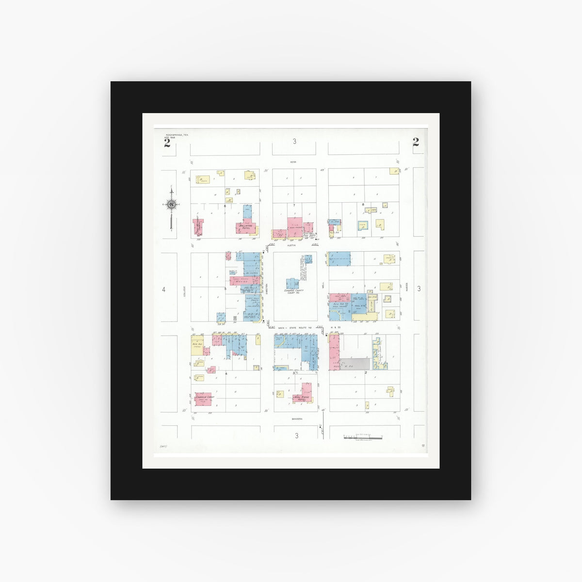 Old map wall art mockup — black gallery frame with white mat — Sanborn Fire Insurance Map from Rocksprings, Edwards County, Texas (1948), Sheet #0002