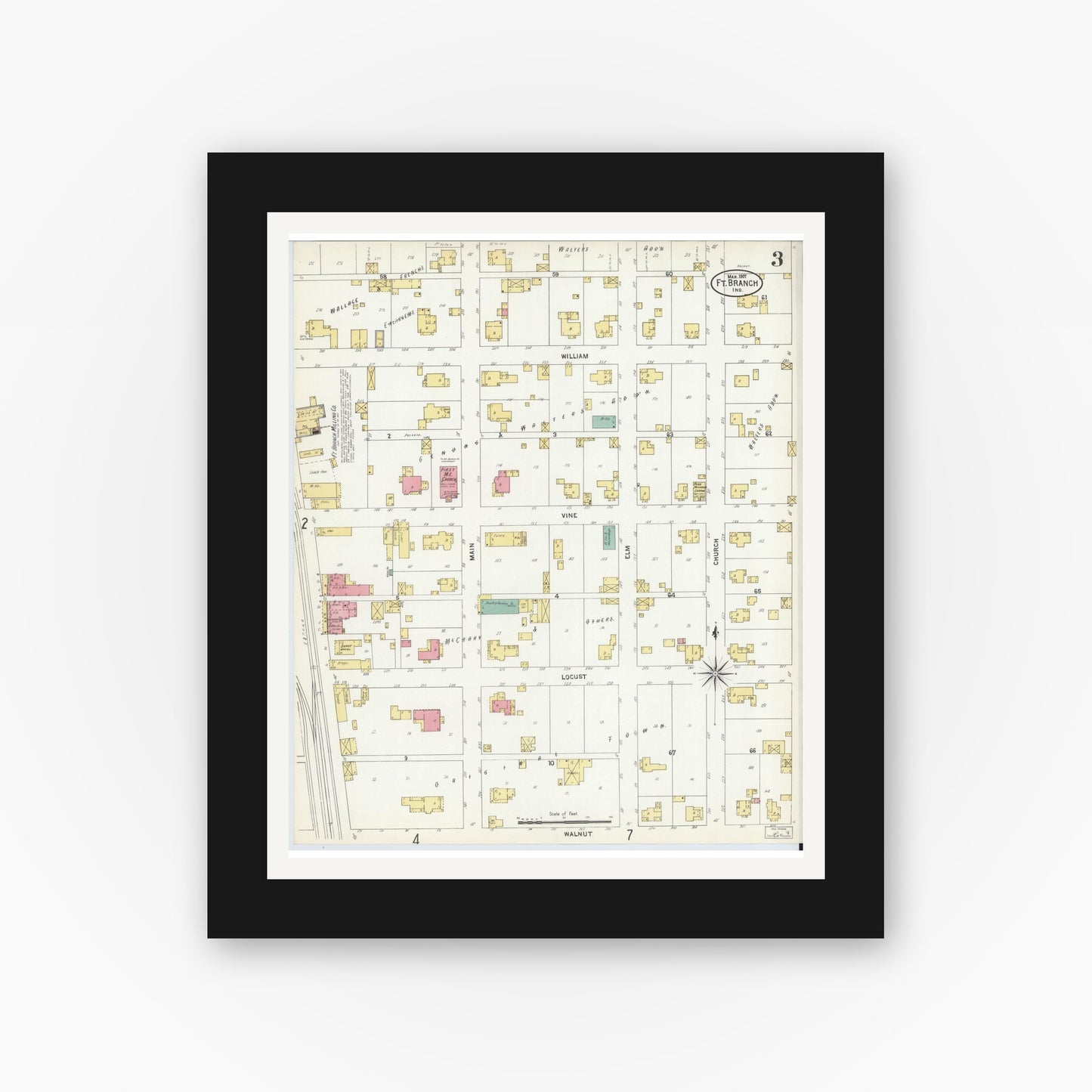 Old map wall art mockup — black gallery frame with white mat — Sanborn Fire Insurance Map from Fort Branch, Gibson County, Indiana (1907), Sheet #0003