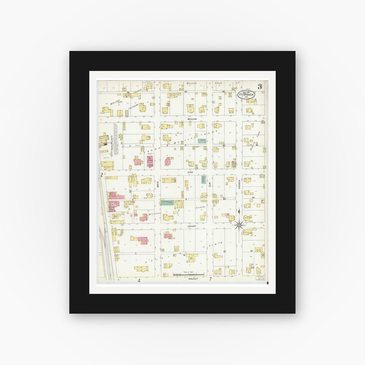 Old map wall art mockup — black gallery frame with white mat — Sanborn Fire Insurance Map from Fort Branch, Gibson County, Indiana (1907), Sheet #0003