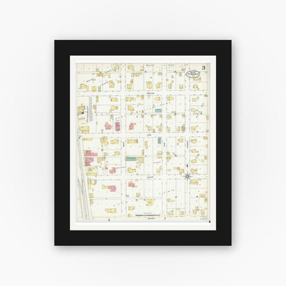 Old map wall art mockup — black gallery frame with white mat — Sanborn Fire Insurance Map from Fort Branch, Gibson County, Indiana (1907), Sheet #0003