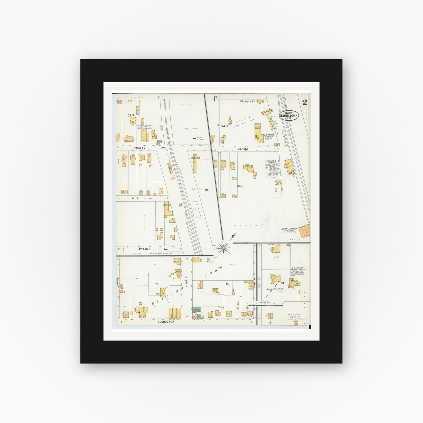 Old map wall art mockup — black gallery frame with white mat — Sanborn Fire Insurance Map from Johnstown, Licking County, Ohio (1900), Sheet #0002