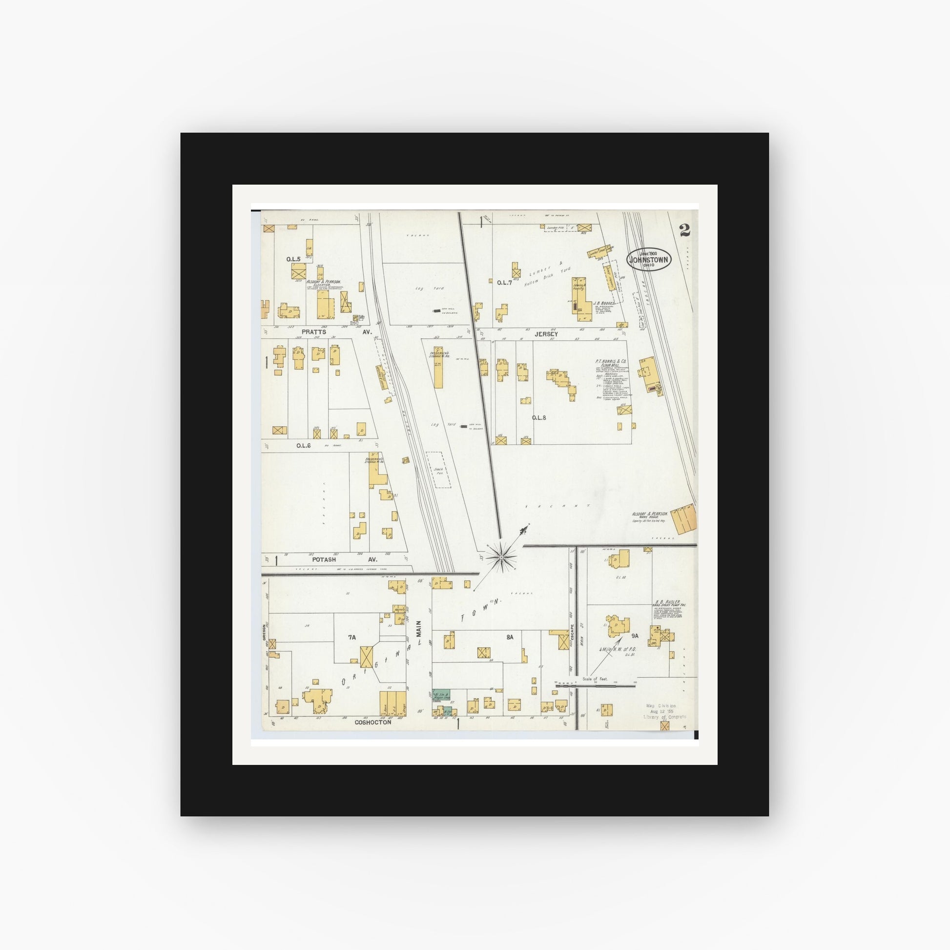 Old map wall art mockup — black gallery frame with white mat — Sanborn Fire Insurance Map from Johnstown, Licking County, Ohio (1900), Sheet #0002